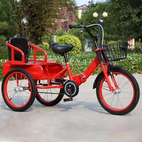JIYIAN 3 Wheel Kids Pedal Bike,Folding Big Size Baby Tricycle with Seat and Pedal Strengthen The Vehicle Body to Ensure Safe Load-Carrying Capacity More Solid,Red,18in