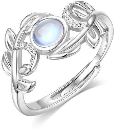 AEONSLOVE Verstellbarer Lebensbaum Ring Damen Silber 925, Mondsteinring für Mädchen Frauen, Offener Ringe mit Hexen Knoten/Claddagh/Blatt/Dreifacher Mond Wicca/Umarmung/Feder