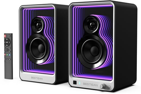 BESTISAN 50W*2 Active Bookshelf Speakers with Dynamic Light Effect, 3 Bass Computer Speakers with ARC/Optical/RCA/BT 5.2/USB/SUB Out Input for Turntable, PC, TV and Phone.