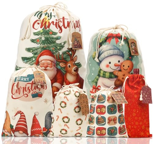 AhfuLife 6 Stück Weihnachten Geschenkbeutel Canvas mit Kordelzug, 6 Designs Weihnachtsgeschenkbeutel 5 Größen Stoffbeutel Weihnachts mit Geschenkanhänger für Schnell Weihnachtsgeschenke Verpacken