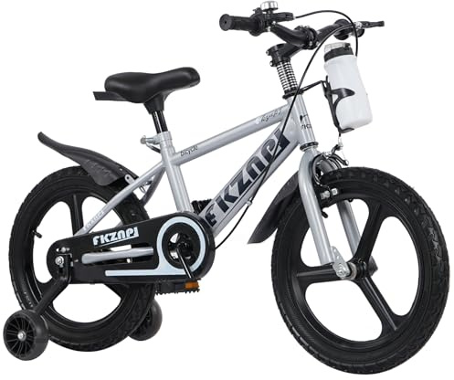 FKZNPJ Kids Bike 16/18 Inch – High Carbon Steel Frame, Magnesium Alloy Wheels, Training Wheels with Night Glow, Adjustable Seat, Water Bottle – Girls & Boys Bicycle Ages 3-8 (Grey, 16 inch)