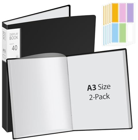 2 Stück A3 Päsentationsdisplay Buch mit 40 Klarsichthüllen für 80 Blatt, Sichtbuch in A3 Format für Kunstwerke, Notenmappe, Diamond Painting Mappe, Urkunden, Portfolio - PP - Schwarz