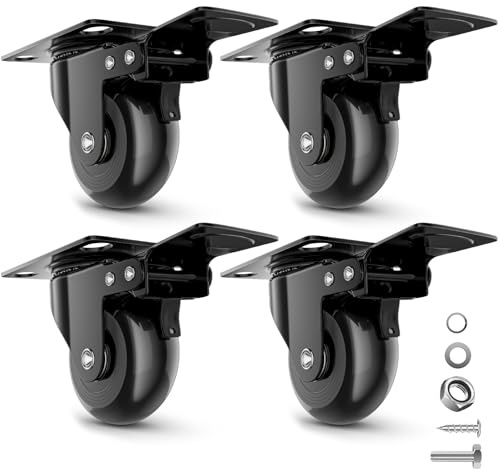 COSYLAND Ruote per Mobili Set di 4, Ruote per Carrello Piroettanti con Freno e Protezione - Rotelle PU Silenziose 300kg, Facili da Installare per Legno e Metallo (4 Ruote con Freno)