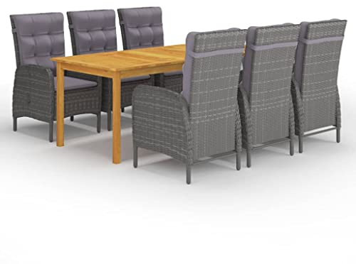 QJBSAVVA 7-TLG. Garten-Essgruppe 200 x 90 cm Akazienholz Esstisch mit 6 Stühlen wetterfeste Rattan-Sitzgruppe grau modernes Design für Balkon Terrasse Garten