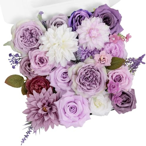TINGE TIME Light Purple Flowers Artificial Flowers Combo Faux Silk Roses Peonies Daisy Fake Flowers with Stems for DIY Wedding Bridal Bouquets, Baby Shower, Floral Arrangement, Table Centerpieces