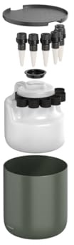 Fiskars Urban Plant Care Sistema de riego automático | Riego Automático de Plantas, Depósito de 4,4 l y 4 Conos de Cerámica, Acero Recubierto, Verde Oscuro/Negro, 1075319