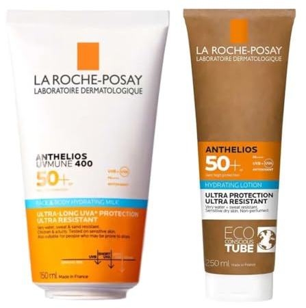 La Roche-Posay Anthelios Body Milk SPF50+ 250ml & UVMune 400 Hydrating Milk SPF50+ 150ml Duo – High UVA/UVB Protection for Face & Body