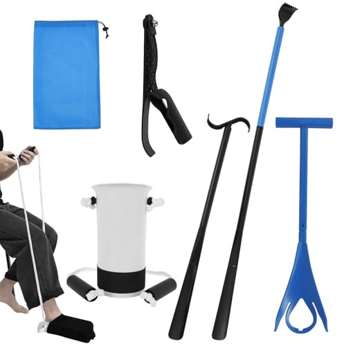 Fevorticity 5-in-1 Knie & Hüft-OP Reha Set mit Sockenanziehhilfe | Anatomische Anziehhilfe mit Langem Schuhlöffel & Socken-Auszieher Rückenkratzer für Senioren Schwangere & Behinderte