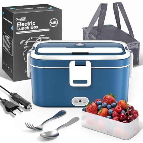 Elektrische Lunchbox 100W 1,8L Lunchbox elektrisch für Beruf Fahrer Reisen | 12V/24V/220V Anschluss, herausnehmbarer Edelstahleinsatz, Edelstahlbesteck, kompakt und einfach zu transportieren