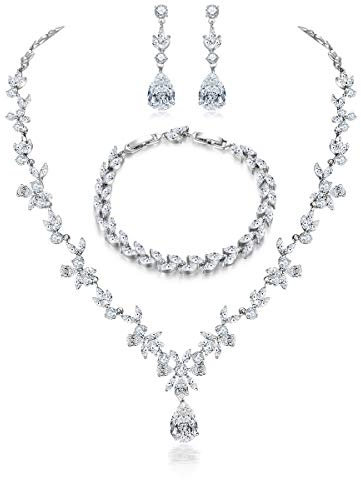 Shuxin Hochzeit Schmuckset für Damen, Halskette & Ohrringe & Armband Set, Weißgold Plattiert Blumen Braut Schmuck Set mit 5A Weiß Zirkonia, Allergenfrei Hochzeitsschmuck für Braut Brautjungfern