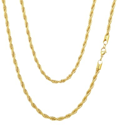 Richsteel 3mm Dorado Collar Trenzado 55cm Cadenas Cuerdas Acero Inoxidable Collar de Cadenas Hombre Mujer