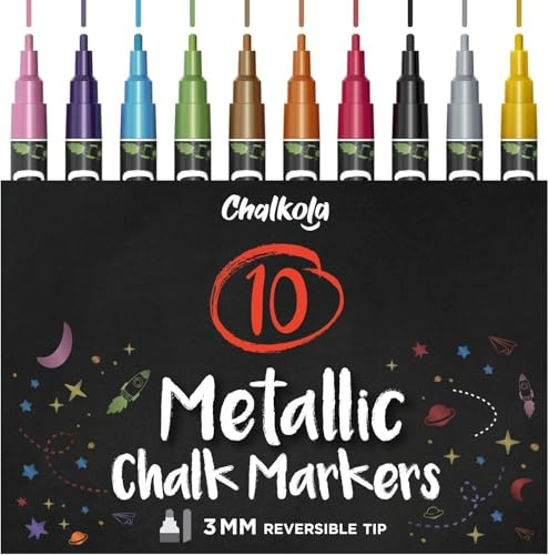 Metallic Liquid Chalk Markers Fine Tip - Dry Erase Marker Pen for Chalkboard Signs, Windows, Blackboard, Glass - 3mm Reversible Tip (10 Pack) - 50 Chalkboard Labels Included