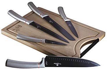 Berlinger Haus Moonlight Set de 5 Couteaux de Cuisine Professionnels, Planche à Découper en Bambou, Lame en Acier Inoxydable, Revêtement Antiadhésif, Couteau de Chef, Pain, Design Élégant BH-2556