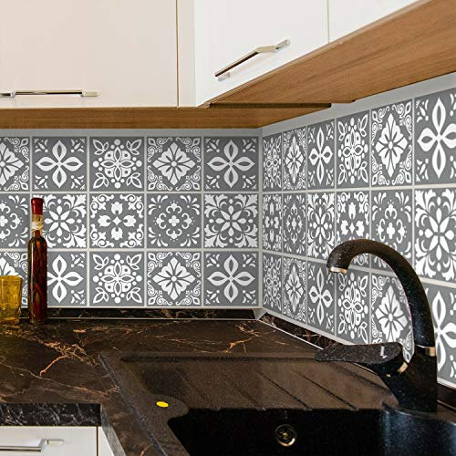 WALPLUS Fliesenaufkleber 15x15cm Klebefliesen Bad Selbstklebende Fliesen Küche Abnehmbare Fliesensticker Bad Bans Dunkelgrau Zement Spanisch Fliesen Aufkleber Badezimmer 24 Stück