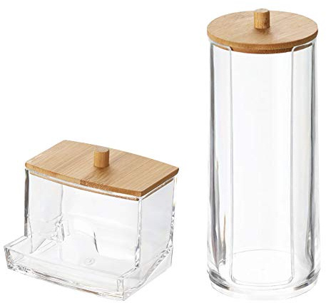 INCETUE Make-up-Organizer-Set - Acryl-Wattepads-Halter mit Bambusdeckel, klarer Q-Tip-Wattestäbchenspender, Ohrstöpsel-Glas, Schminktisch-Zubehör, Kosmetik-Aufbewahrungsbehälter für Badezimmer