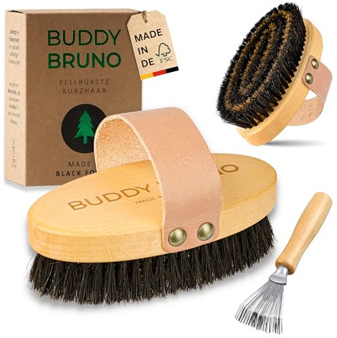 BUDDY BRUNO® Hundebürste Kurzhaar mit 100% Naturborsten, Fellbürste für die tägliche Fellpflege, Premium Striegel für Hunde & Katzenbürste, inkl. Bürstenreiniger, MADE IN DE