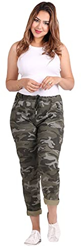 Candid Styles Ladies Italian Lagenlook Italian Magic Pants Stretch Camouflage Drawstring Joggers#(Khaki Magic Pants (UK 16-22) #Womens)