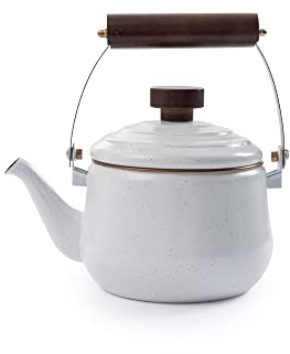 Barebones Enamel Teapot - Emaille-Teekanne - Vintage-inspiriertes Design - Gebördelter Edelstahlrand - FSC-zertifizierter Walnussgriff - 1,5 Liter, 6 Tassen (Eierschalenfarbe)