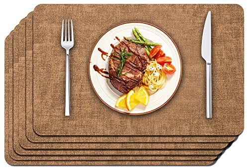 Maxpearl Faux Leather Placemats Set of 6 - Waterproof - Wipe Clean - Heat Resistant - Anti Slip Dining Table Place Mats, Suitable for Indoor & Outdoor Use, 17’’×12’’, Brown