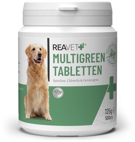 ReaVET MultiGreen Tabletten für Hunde 500 Stück – Mikroalge unterstützt Haut & Fell -Immunsystem, Stoffwechselprozesse & Abwehrsystem, Vitamine & Mineralstoffe