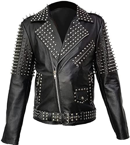 Herren Jacke mit Nieten, Leder, Schwarz, Schwarz – Spike Lederjacke, XS