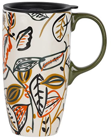 Topadorn Coffee Ceramic Mug Travel Mug Porcelain Latte Tea Cup With Lid 17oz. Simple Leaf