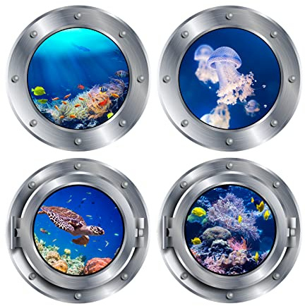 PLIGREAT 4 Pcs 3D Underwater World Window Wall Stickers Removable Under The Sea Wall Sticker for Bathroom Bedroom Playroom Nursery Wall Decoration Home Art Decor