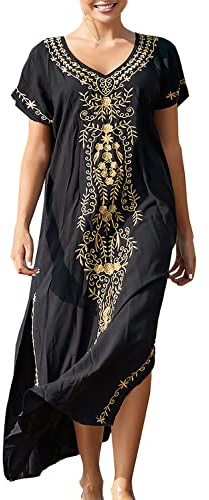 L-Peach Kimono för damer, blommigt broderi, lång klänning, maxiklänning, kaftan, sommar, strand, bohemisk, toppar, B Svart Gyllene, en storlek