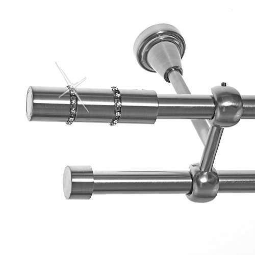 BASIT Gardinenstange Edelstahllook 16mm 2-läufig Decke 180cm lang D24 | Gardinenstangenset doppelläufig Deckenmontage Metall Vorhangstange Deckenhalterung 120-600cm wählbar Kappe mit Kristall E26