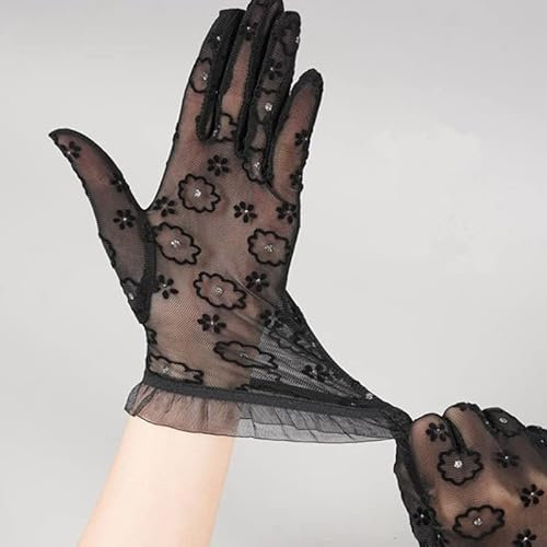 MRXFN Handschuhe Sommer-Frauen-dünne Kurze Spitzen-Handschuhe, Schwarze sexy Dehnbare Vollfinger-Tanz-Fäustlinge Sonnenschutz-UV-Fahrhandschuhe (Color : D, Size : XL)
