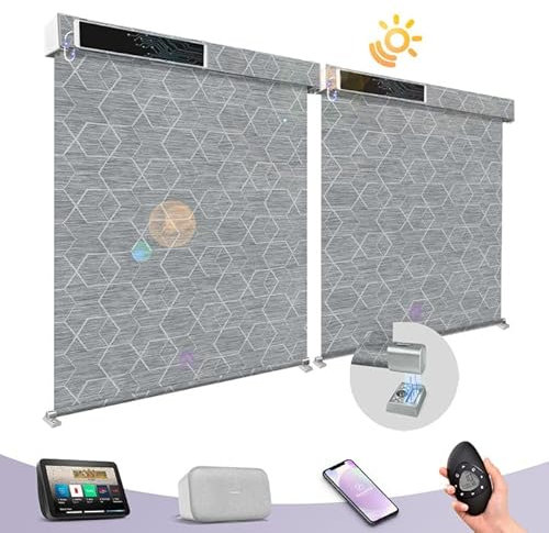 Graywind Elektrische Rollos Außen nach Maß, Wasserdicht UV-Schutz Smart Rollo Aussen, Solarbetrieben Elektrische Jalousie Außen mit Fernbedienung Kompatibel Alexa Google, 1% Geometry Grey
