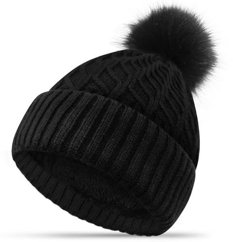FORVEVO Bonnet Femme Hiver, Pompon pour Bonnet, Bonnets Tricoté avec Double Doublure Polaire Chaude pour Extérieur Sport Randonnée (Noir)