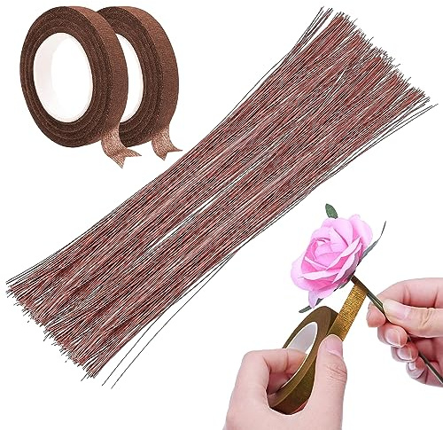 Woohome 200 Stück Floristikdraht Braun, 26 Gauge 60cm Blumenstieldraht und 2 Stück Floristenband für Strauß Stem Wrap Florist