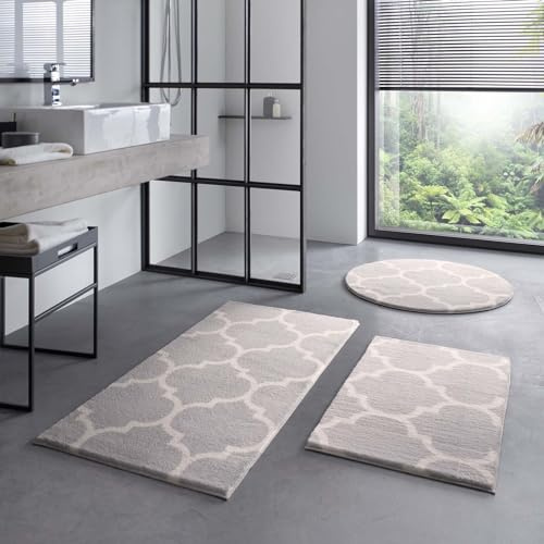 Taracarpet Badematte Badteppich für das Badezimmer waschbar in der Waschmachine Florentiner Muster Grau 120 cm rund