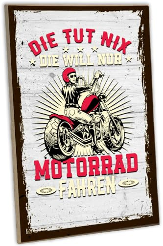 schilderkreis24 - Holzschild Die tut nix Motorrad fahren - Wanddeko für Motorradfans, 28x19 cm - Geschenk für Motorradfahrerinnen
