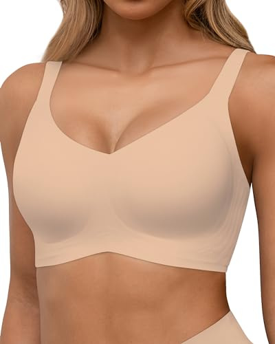 HORISUN Reggiseni Senza Cuciture Reggiseno Push up Wireless a Copertura Totale per Donne Comode Bralette di Supporto con Scollo a V (Beige L)