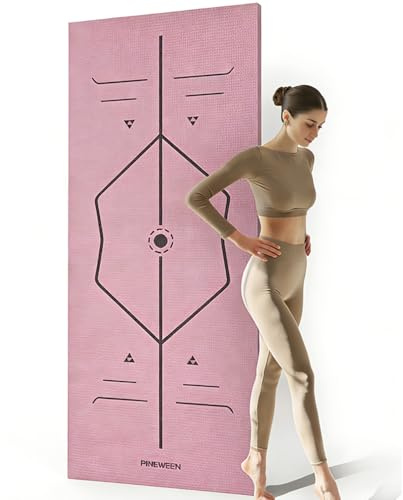 PROIRON Yoga Mat with Alignment Exercise Fitness Mat Extra Thick Non-Slip Training Mats for Sports Pilates Gym Mats Resistance Mat with Carrying Bag 173 x 61 x 0.4 cm - Pink