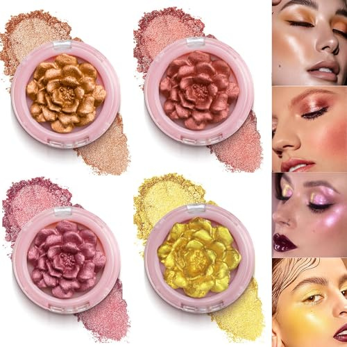 4PCS Palette de mise en valeur, Fard à joues 3D Rose, Maquillage du visage à l'aide d'un enlumineur, Poudre scintillante pour le visage à l'aide d'un enlumineur brillant longue durée