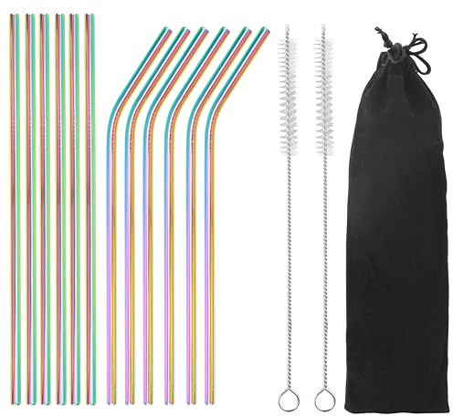 12 pajitas de acero inoxidable con 2 cepillos de paja, pajitas reutilizables, pajitas para leche, té, agua, cócteles