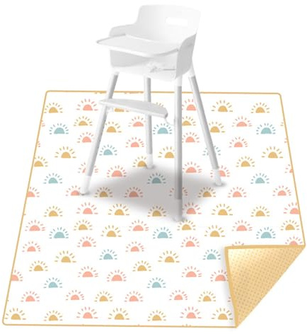 Treer Unterlage für Hochstuhl Baby, Hochstuhl Bodenmatte Wasserdicht Spritzmatte für Hochstuhl, 110x110cm Rutschfest Krabbelmatte Faltbar Bodenschutzmatte Baby Spielmatte (Sonne)