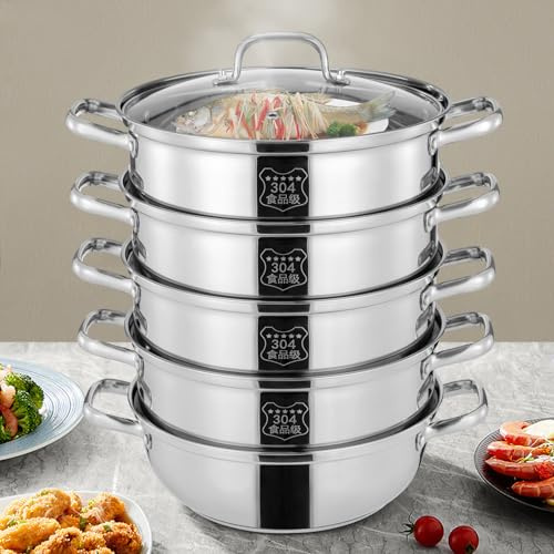 Caskunbsy 5-Etagen Kochtopf Edelstahl Gardampftopf,Dampfgarer aus Edelstahl und Glasdeckel Geeignet für alle Herdarten in der Küche