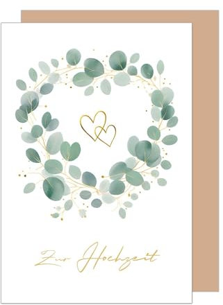 Edition Seidel Premium Glückwunschkarte zur Hochzeit mit Umschlag aus Kraftpapier. Hochzeitskarte Grußkarte Vermählung Just Married Wedding Herz Eukalyptus (H482 SW024)