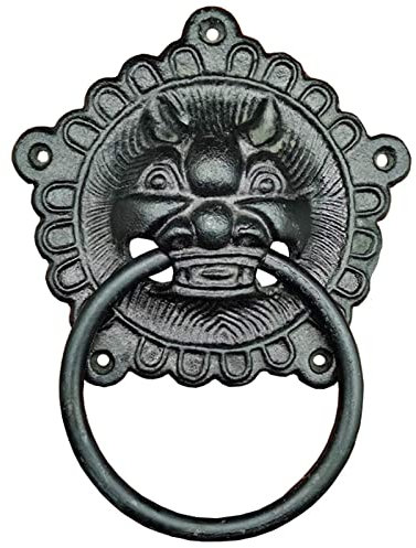 Deluxe-Wanddekoration, schwarzer Vintage-Stil, mystischer Löwenkopf, Türklopfer, großer Gusseisenring, Haustürgriff, antiker handgefertigter Torring, 15 cm Durchmesser, handgefertigte Heimdekoration