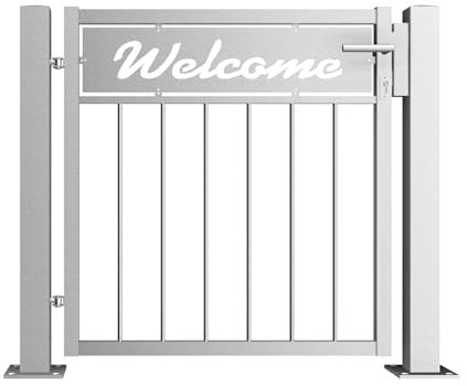 Gartentor Edelstahl V2A - Motivblech Welcome - Vertikalfüllstreben - Gartentüre, Zauntor, Terrassentür, Grundstückstor, Einganstor (mit Pfosten DIN links Klebeanker Beton)
