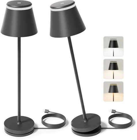 Neoglint Lot de 2 Lampes de Table LED Rechargeable Sans Fil, Lampe de Chevet avec Station de Charge Sans Fil et Télécommande, Lampe de Bureau Tactile au Design Moderne avec Minuterie – Noir