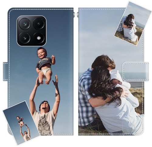 JGOYGYI Personalisierte Leder Handyhülle kompatibel mit Xiaomi Mi 14 13T 13 12T 12 11T 11i 11 10 Lite Poco M6 C65 X6 X5 X4 X3 Pro,Individuelle Text Bildern Foldable Flip Klapphüllen Case hülle