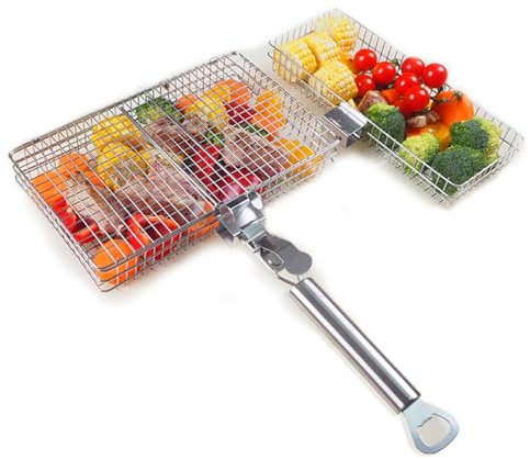 JUSTHERE 2 Stück Grillkorb, Grillkorb Edelstahl, Grill Zubehör für den Außenbereich, Grillkorb für Gemüse, Fisch und Fleisch, Abnehmbarer Griff, Grillzubehör für Camping, Hinterhof, Partys