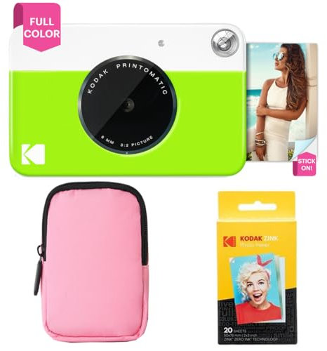 KODAK Printomatic Pacchetto iniziale per macchina fotografica a stampa istantanea a colori + Custodia morbida + Carta fotografica Zink 20pk - Foto colorate su carta adesiva 2x3 - Verde
