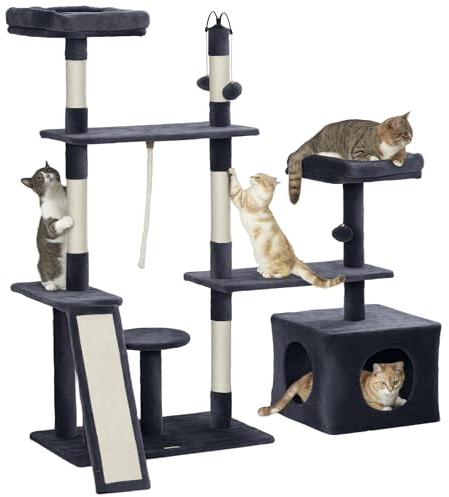 PawHut Albero per Gatti 134 cm con Nido, Piattaforme, Giocattoli e Sisal Posti Grigio Scuro