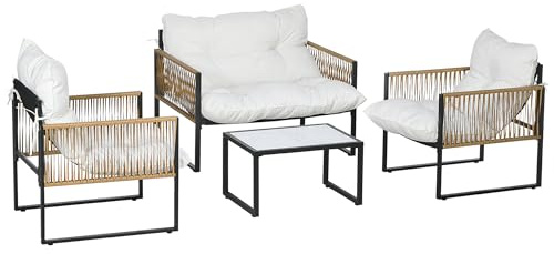 Outsunny Set Mobili da Giardino in Rattan 4 Pezzi, Salotto da Giardino Esterno con Divanetto 2 Posti, 2 Poltrone con Cuscini e Tavolino con Piano in Vetro, Set da Giardino Anti UV per Cortile, Crema